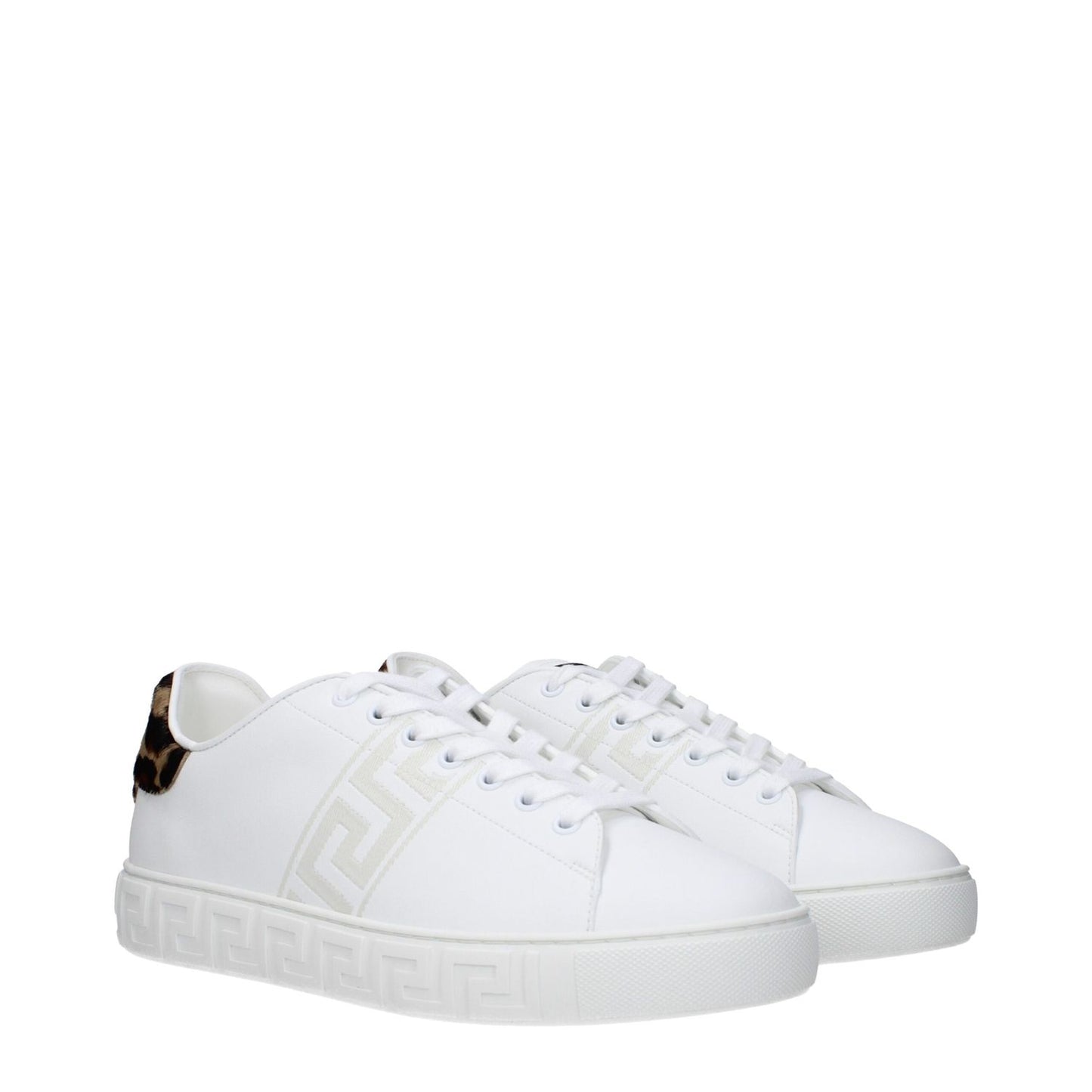 Versace White Leather Low Top Sneakers with lace-up closure, rubber sole, and logo details on front, side, and back.