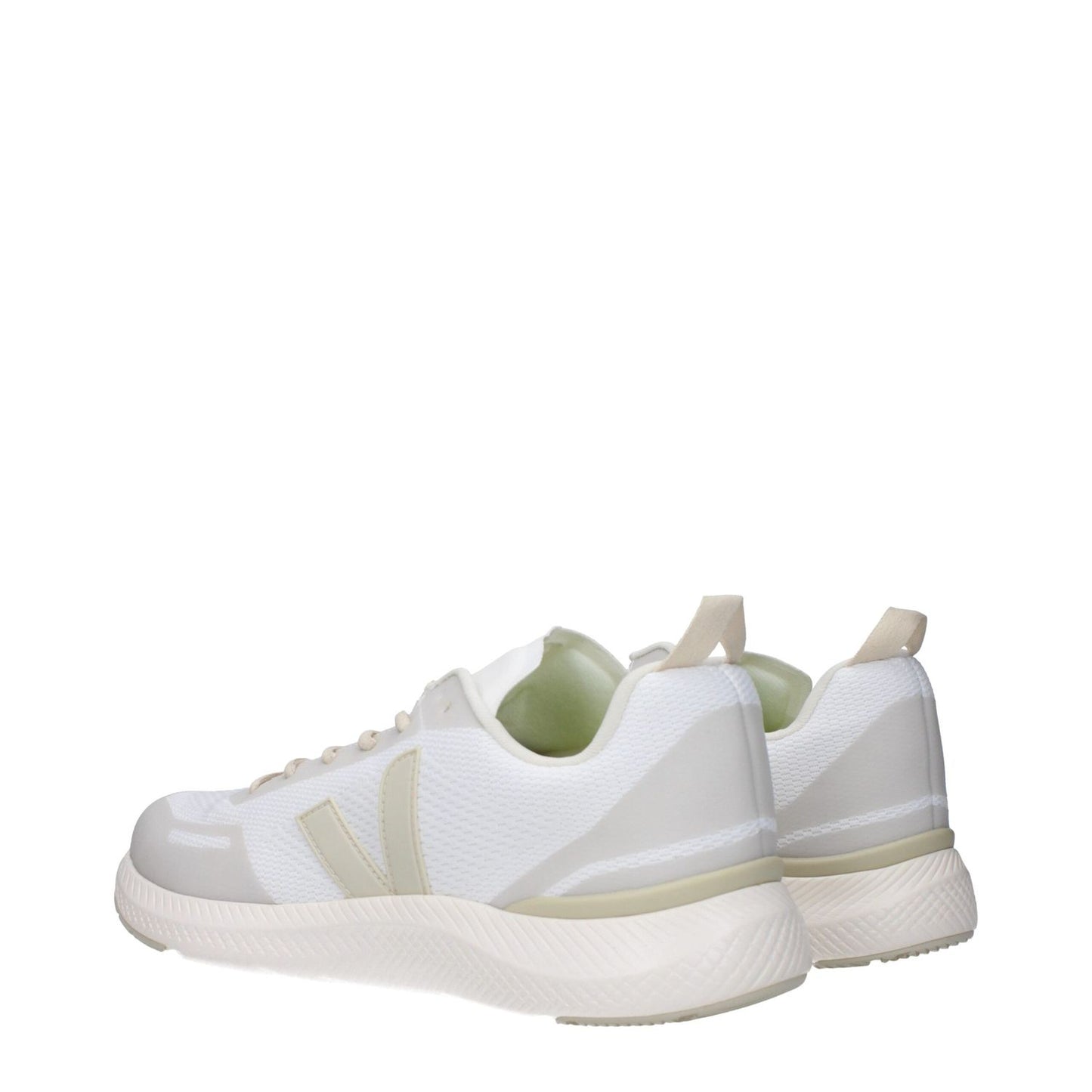 Veja White Fabric Athletic Sneakers with front and side logos, lace-up closure, and beige accents, featuring a rubber sole and round toe.