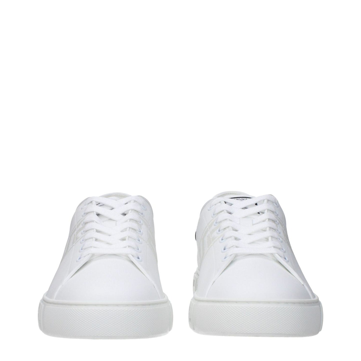 Versace White Leather Low Top Sneakers with front, side, and back logos. Features lace-up closure, rubber sole, and round toe design.