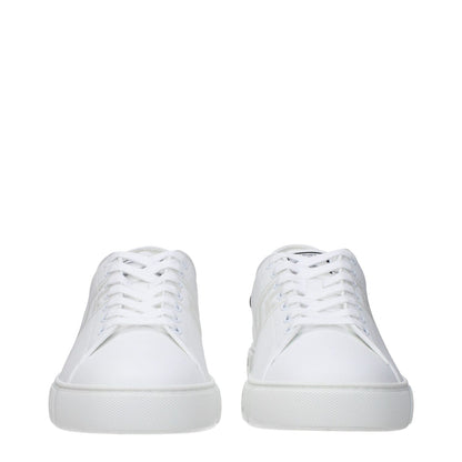 Versace White Leather Low Top Sneakers with front, side, and back logos. Features lace-up closure, rubber sole, and round toe design.