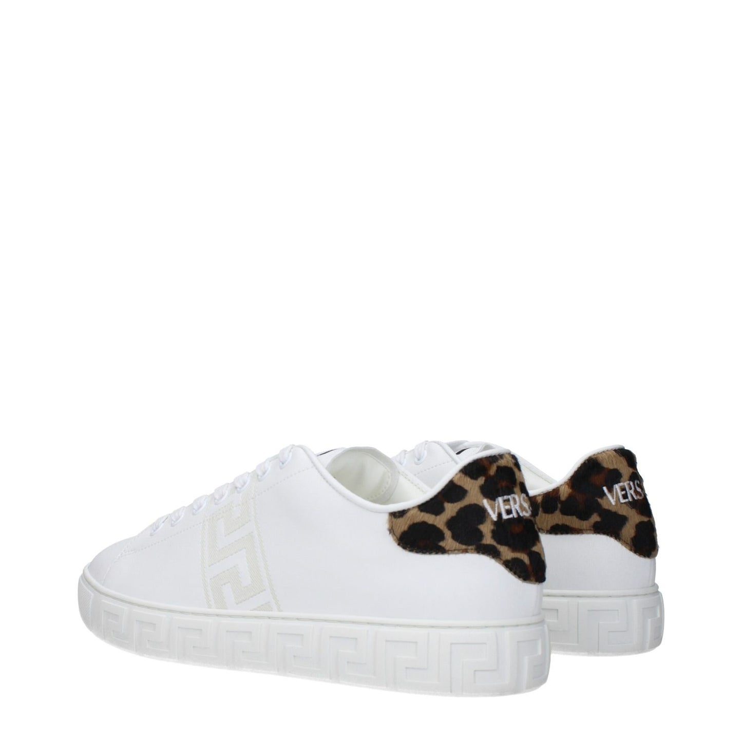 Versace White Leather Low Top Sneakers with leopard print detail, featuring front, side, and back logos, lace-up closure, and rubber sole.