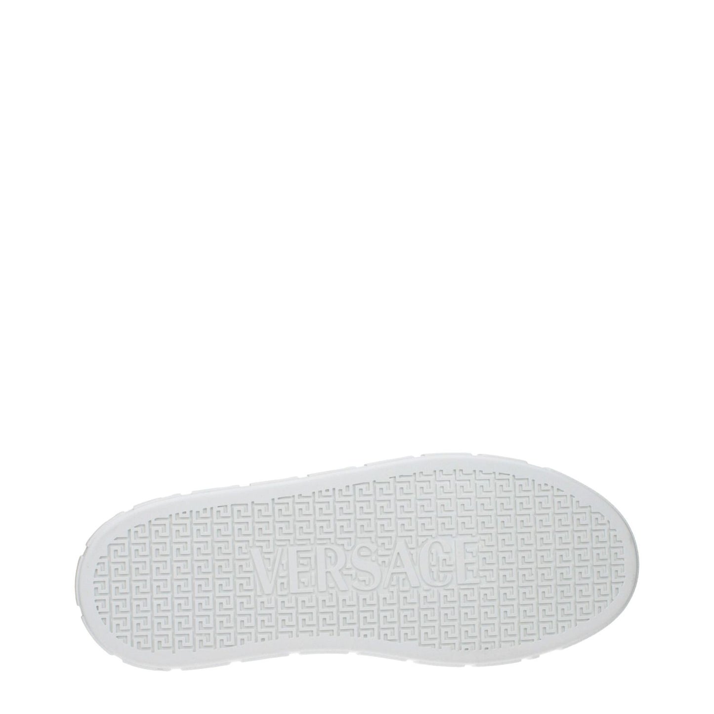 Versace White Leather Low Top Sneakers sole featuring logo, showcasing rubber material and intricate pattern.