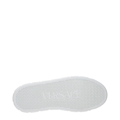 Versace White Leather Low Top Sneakers sole featuring logo, showcasing rubber material and intricate pattern.