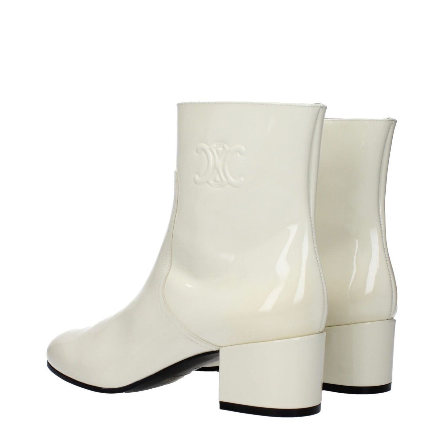 Celine Beige Leather Ankle Boots with side logo and zip closure, featuring 5 cm mid heels and round toe, showcasing casual style.