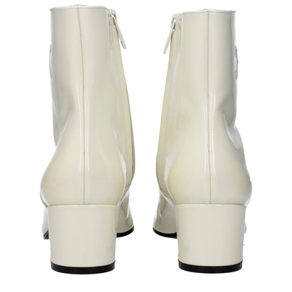 Celine Beige Leather Ankle Boots with mid heels and zip closure, featuring a side logo and round toe, view from the back.