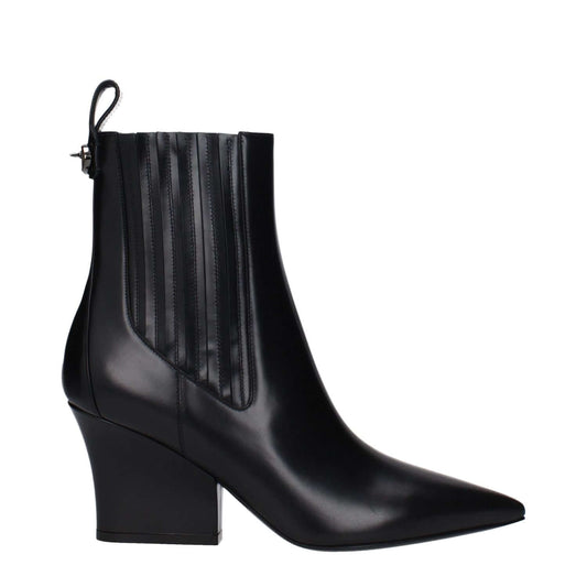Valentino Garavani Black Leather Ankle Boots with mid heels, pointy toe, leather sole, and back logo, style: casual.