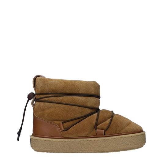 Isabel Marant Brown Leather Ankle Boots with round toe, drawstring closure, and rubber sole, featuring cognac suede accents.