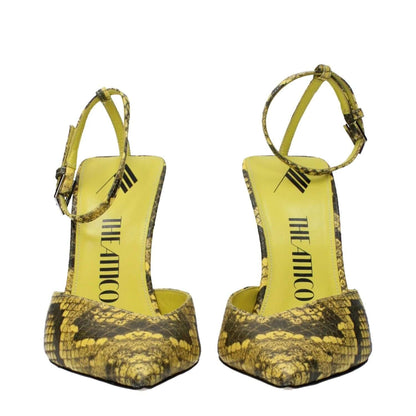 The Attico Yellow Leather Pumps with snake print, buckle closure, high heel, pointy toe, and silver color accents.