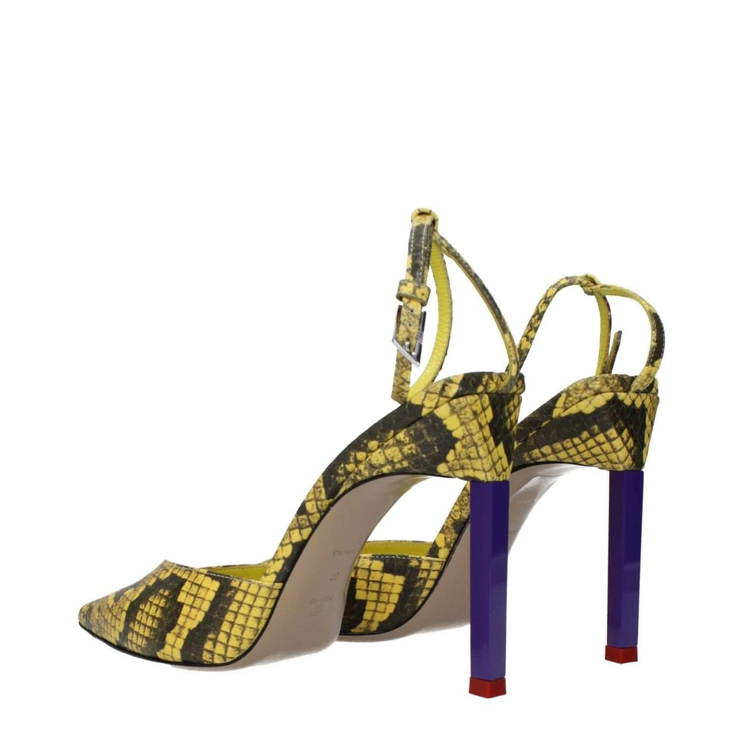 The Attico Yellow Leather Pumps with snake print design, buckle closure, and high heels, featuring a pointy toe and leather sole.