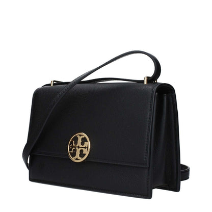 Tory Burch Black Leather Crossbody Bag with gold logo and adjustable strap, medium size, button closure.