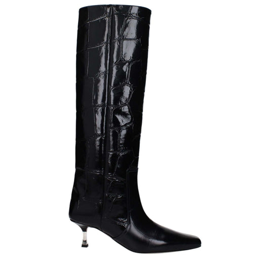 Paris Texas Black Leather High Heel Boots with crocodile print, square toe, and mid heels.