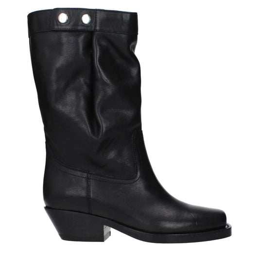 Isabel Marant Black Leather Ankle Boots - Vintage and aged effect, square toe, mid heels, casual style, leather sole, button closure.