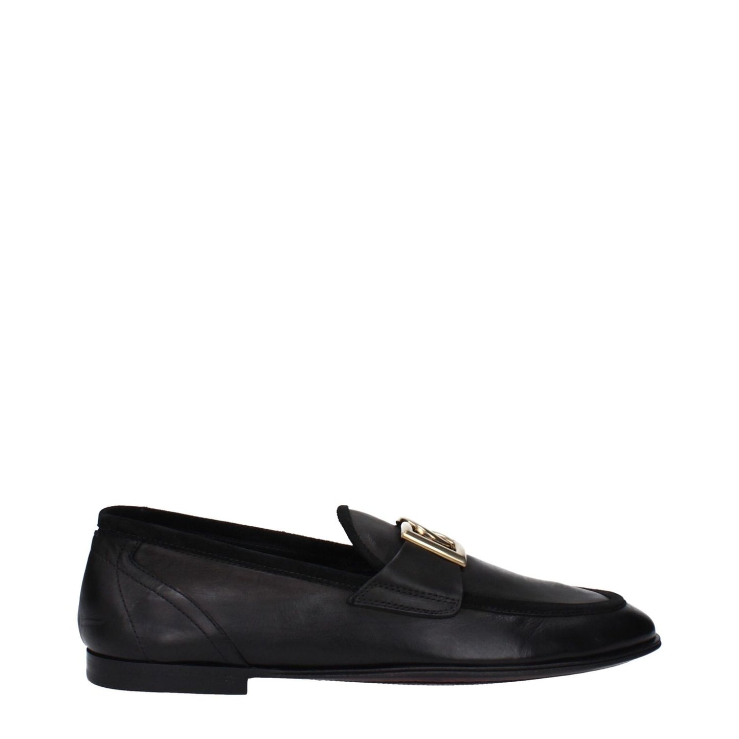 Dolce & Gabbana Black Leather Slip-On Loafers with front logo, round toe, flat heel