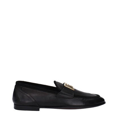 Dolce & Gabbana Black Leather Slip-On Loafers with front logo, round toe, flat heel