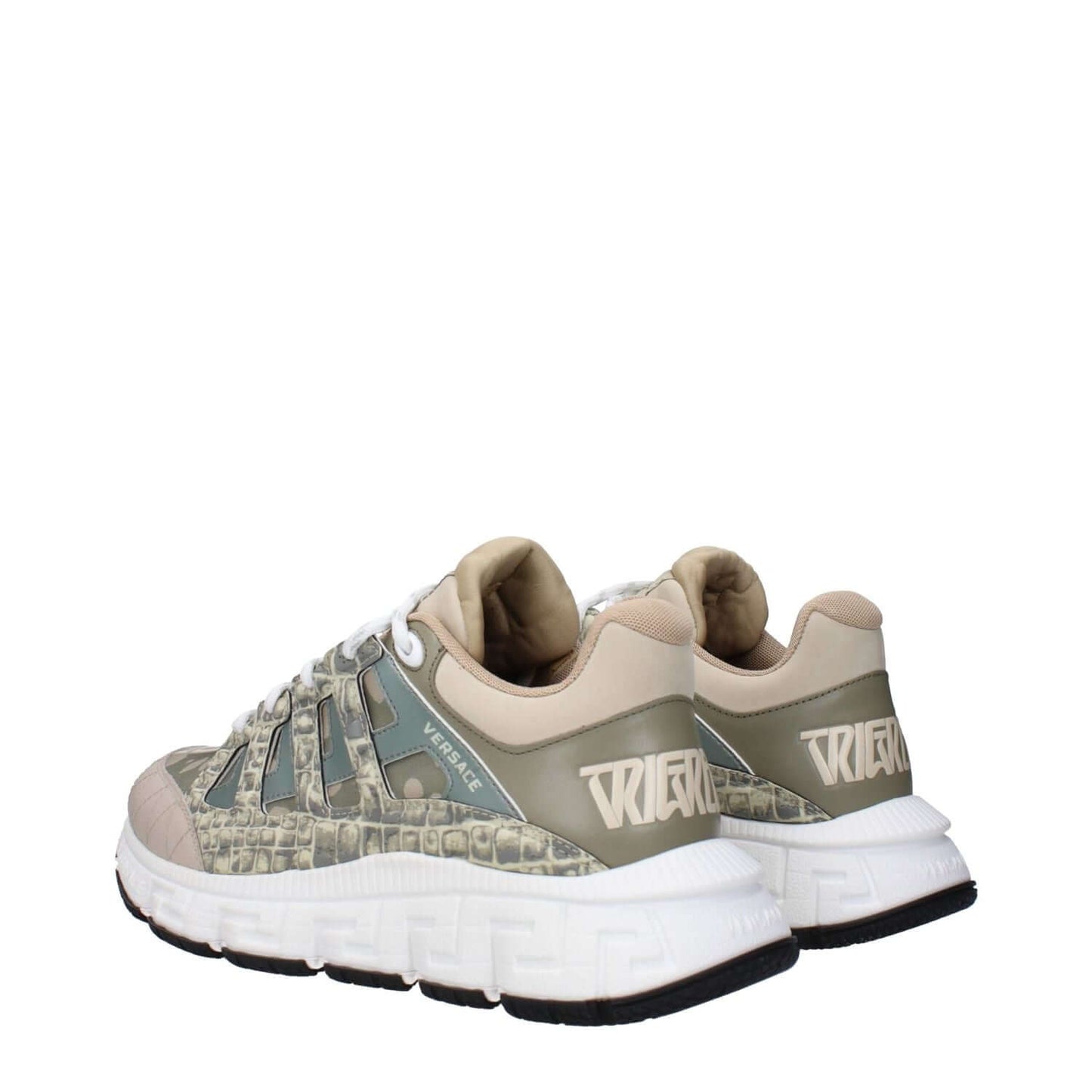 Versace Green Fabric Low Top Sneakers with logos, round toe, lace-up closure, and taupe accents, featuring rubber sole and mid heels.
