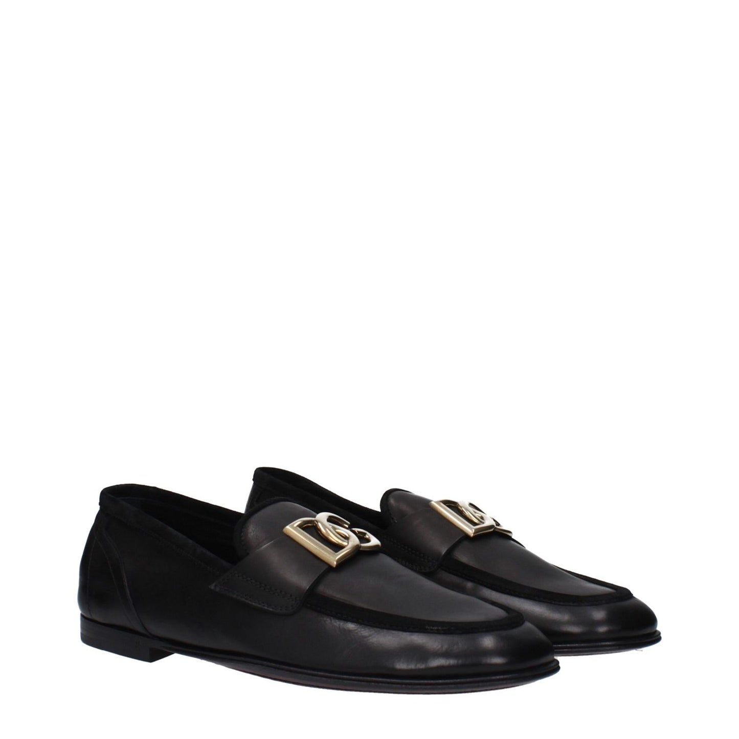 Dolce & Gabbana Black Leather Slip-On Loafers with front logo, round toe, and low flat heel in new collection.