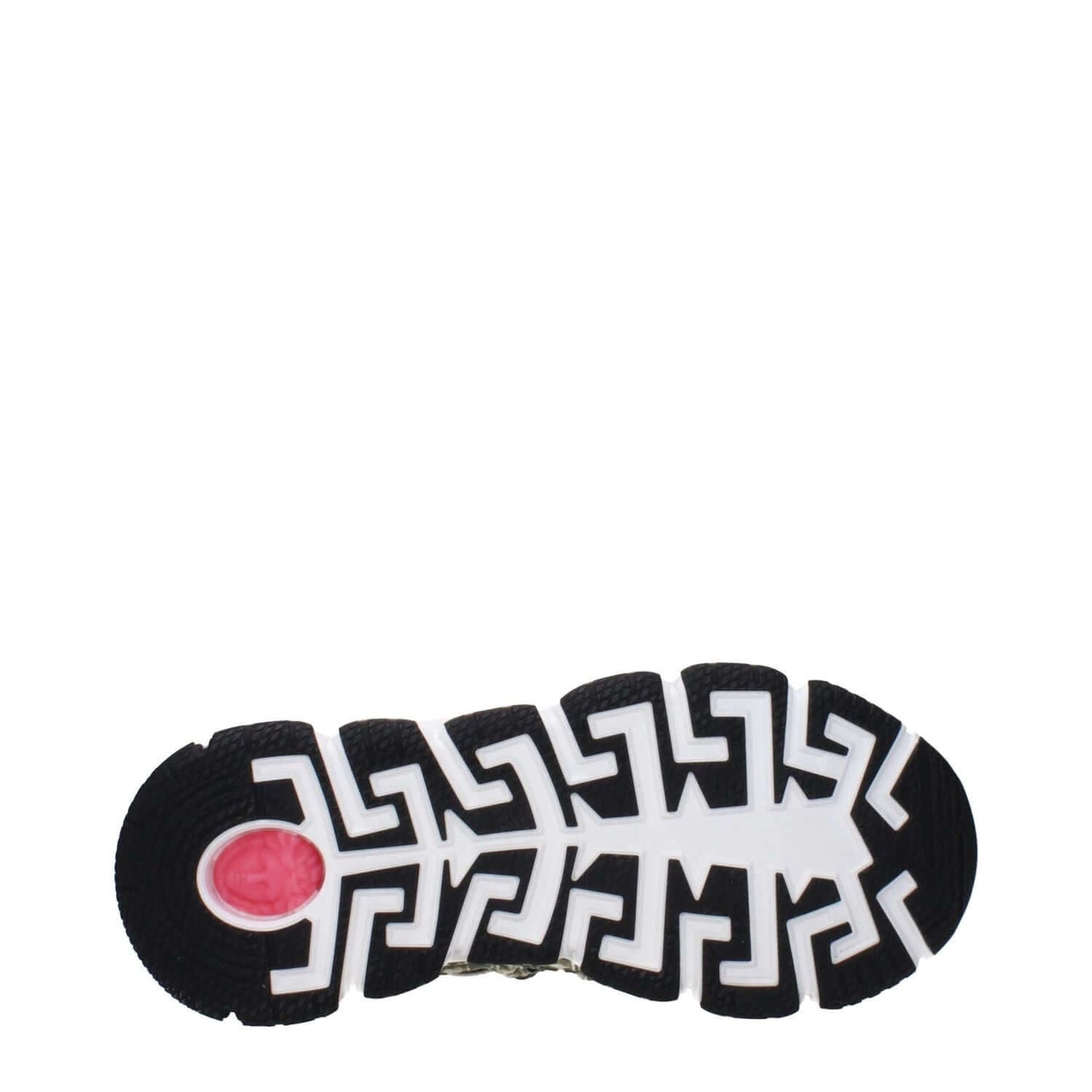 Sole of Versace Green Fabric Low Top Sneakers with black and white geometric pattern, pink accent. MPN: DSU80941A115532KL40. Rubber sole.