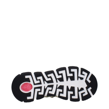 Sole of Versace Green Fabric Low Top Sneakers with black and white geometric pattern, pink accent. MPN: DSU80941A115532KL40. Rubber sole.