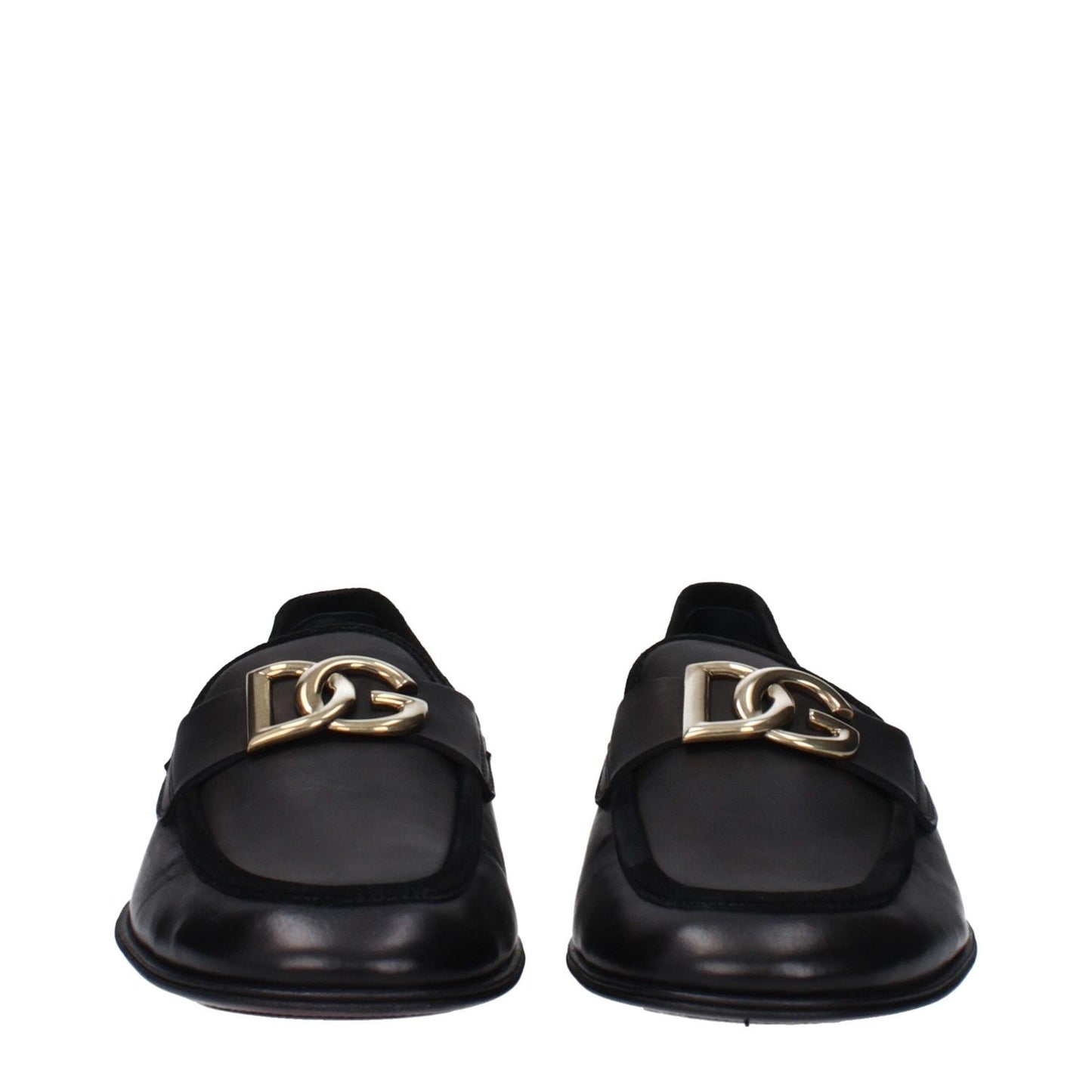 Dolce & Gabbana Black Leather Slip-On Loafers with front logo, round toe and flat heel, made from premium leather. MPN A50462AQ99380999.