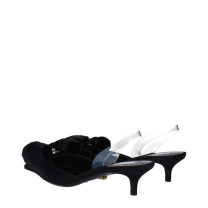 Versace Black Satin Flat Sandals with pointy toe and mid heels showing transparent secondary color and leather sole.