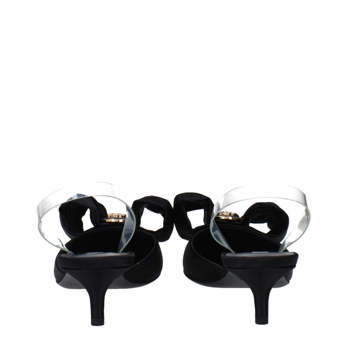 Versace Black Satin Flat Sandals with pointy toe, mid heels, leather sole, and transparent detail.