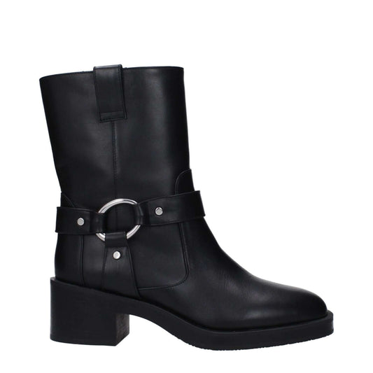 Stuart Weitzman Black Leather Ankle Boots with silver accents and mid heels, featuring rubber sole and round toe, casual style.