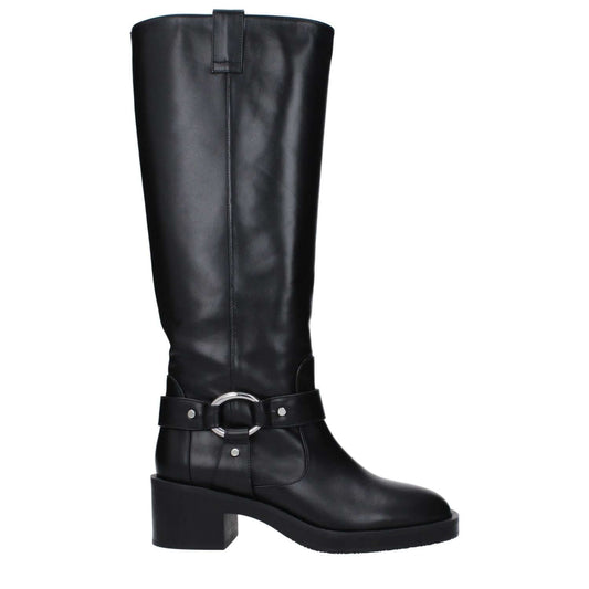 Stuart Weitzman Black Leather High Heel Boots with mid heel, round toe, and rubber sole.