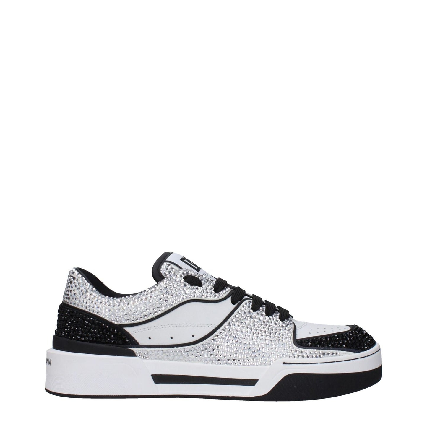 Dolce & Gabbana White Leather Low Top Sneakers with front and back logo, made of white leather, featuring stylish design.