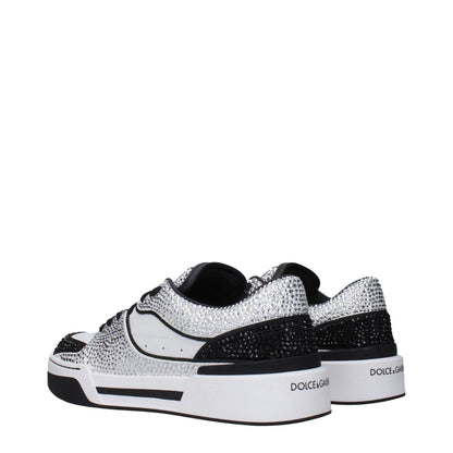 Dolce & Gabbana White Leather Low Top Sneakers with sparkle detail and logos on the front and back view.