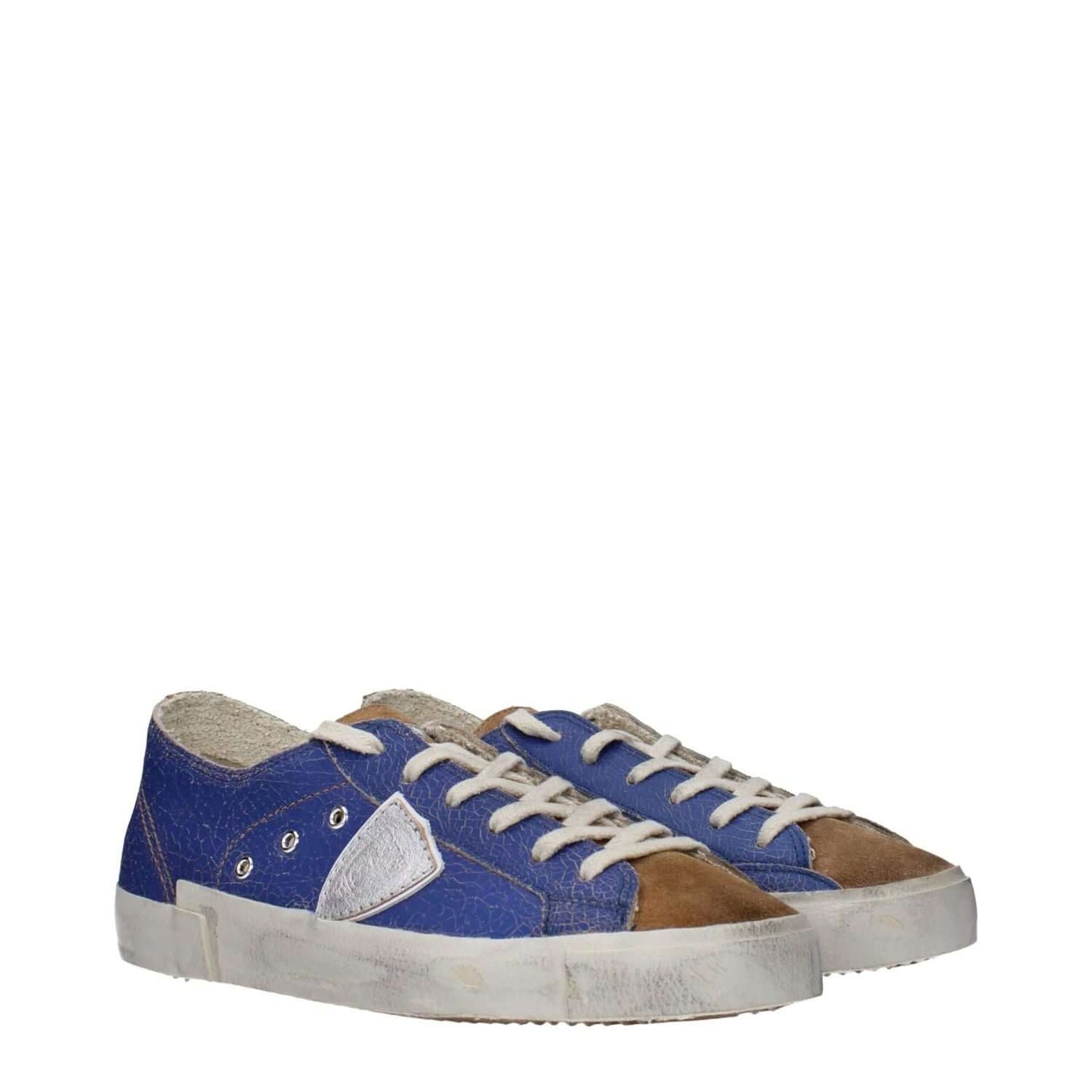 Philippe Model Blue Leather Low Top Sneakers with vintage effect, lace-up closure, and round toe design.