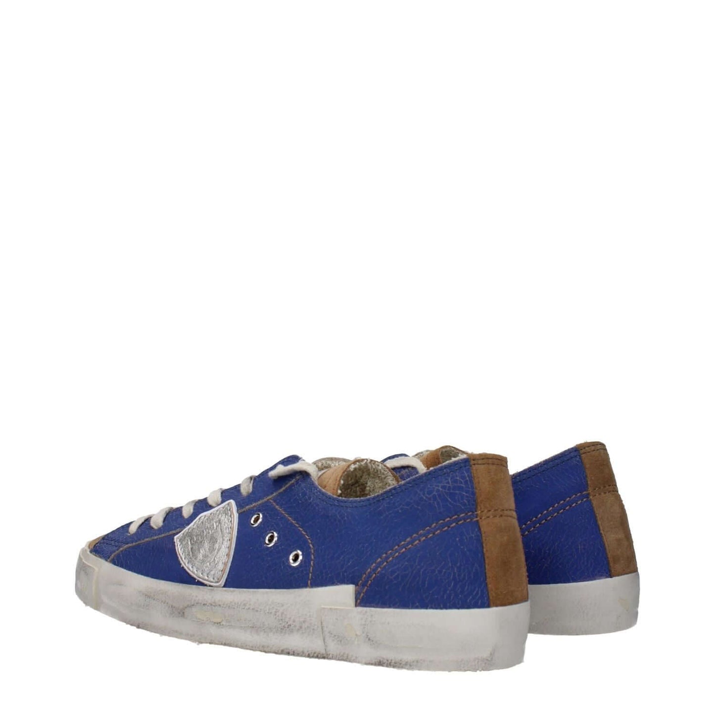 Philippe Model Blue Leather Low Top Sneakers with distressed vintage finish and round toe, PRLULCTB221 F83311, lace-up style.