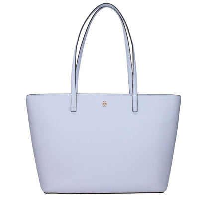 Tory Burch Light Blue Leather Shoulder Bag with front logo and adjustable, removable shoulder strap.