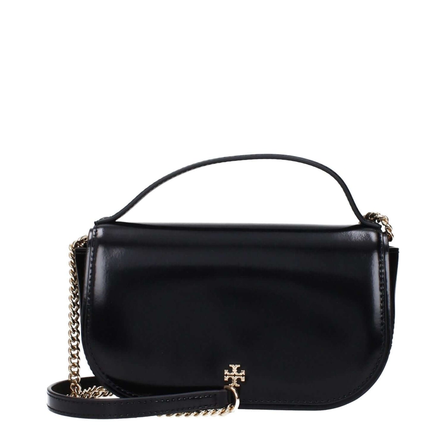 Tory Burch Black Leather Handbag featuring gold chain, front logo, adjustable and removable shoulder strap, designed for style and versatility.