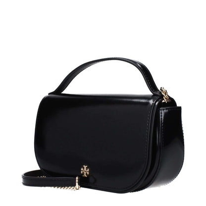 Tory Burch Black Leather Handbag with front logo, adjustable and removable shoulder strap, sleek design.
