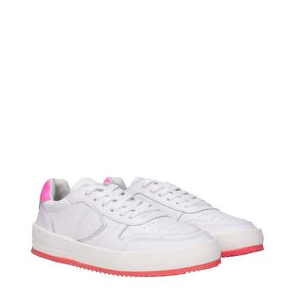 Philippe Model White Leather Sneakers with neon pink accents, featuring logos, lace-up style, rubber sole, and round toe design.