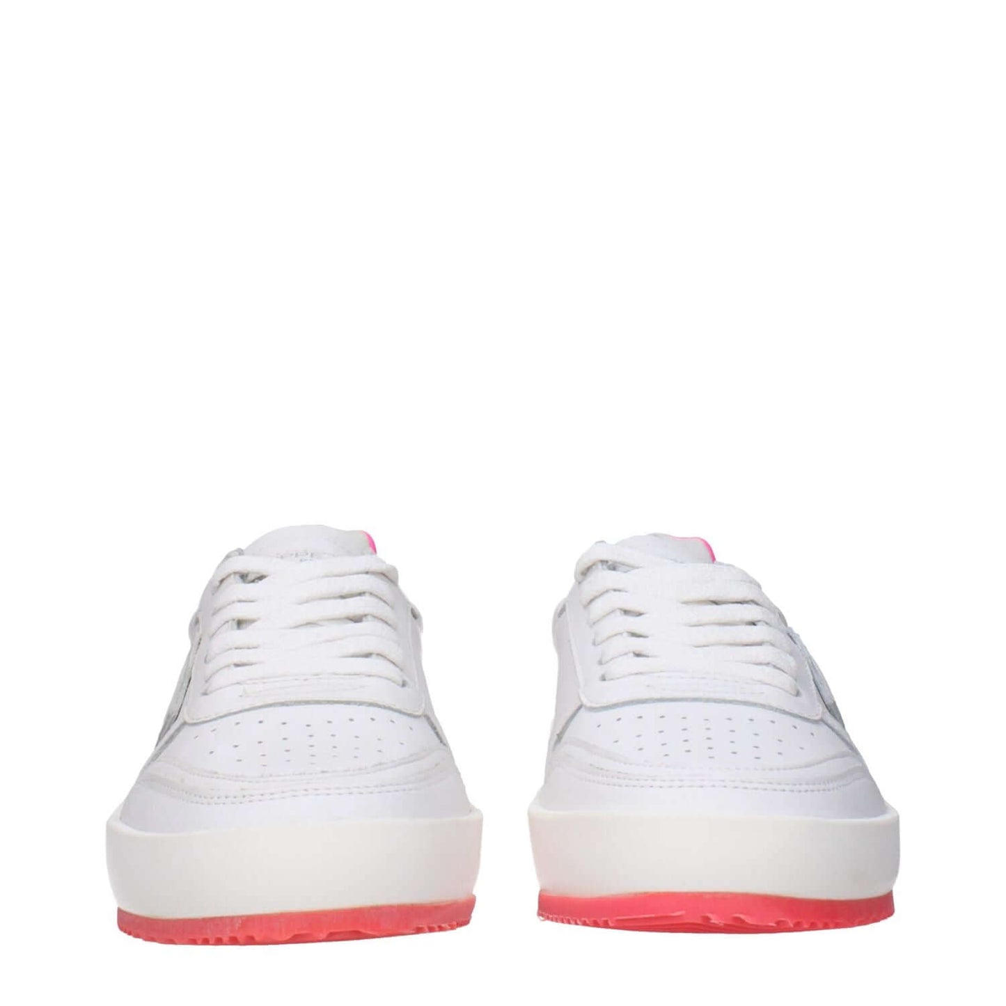 Philippe Model White Leather Sneakers with neon pink sole, front view showcasing lace-up closure and vintage effect design.