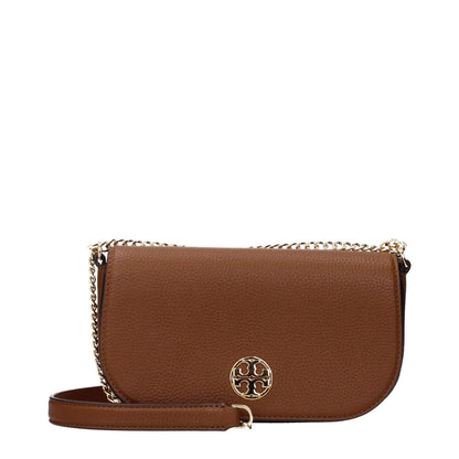 Tory Burch Brown Leather Crossbody Bag with front logo, gold chain strap, and elegant design. Ideal for fashionable women.