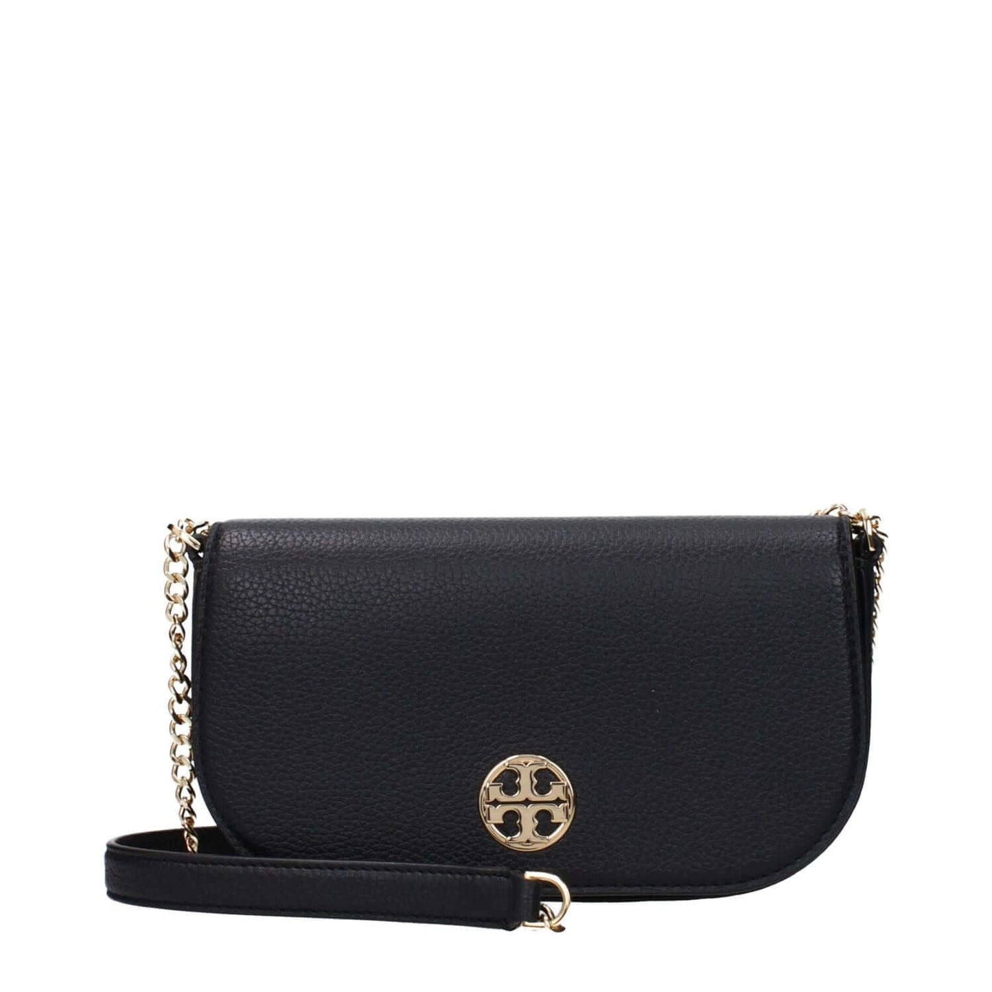 Tory Burch Black Leather Crossbody Bag with gold logo, chain strap; small, casual style with magnetic closure and card holders.
