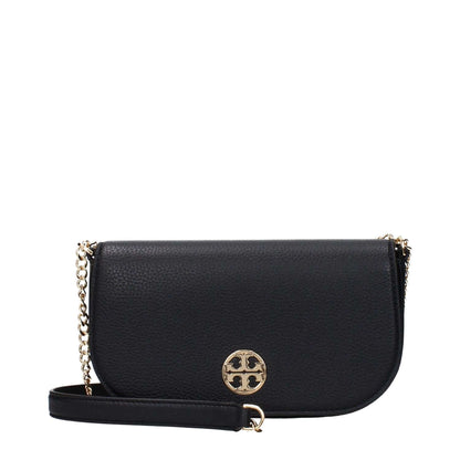 Tory Burch Black Leather Crossbody Bag with gold logo, chain strap; small, casual style with magnetic closure and card holders.