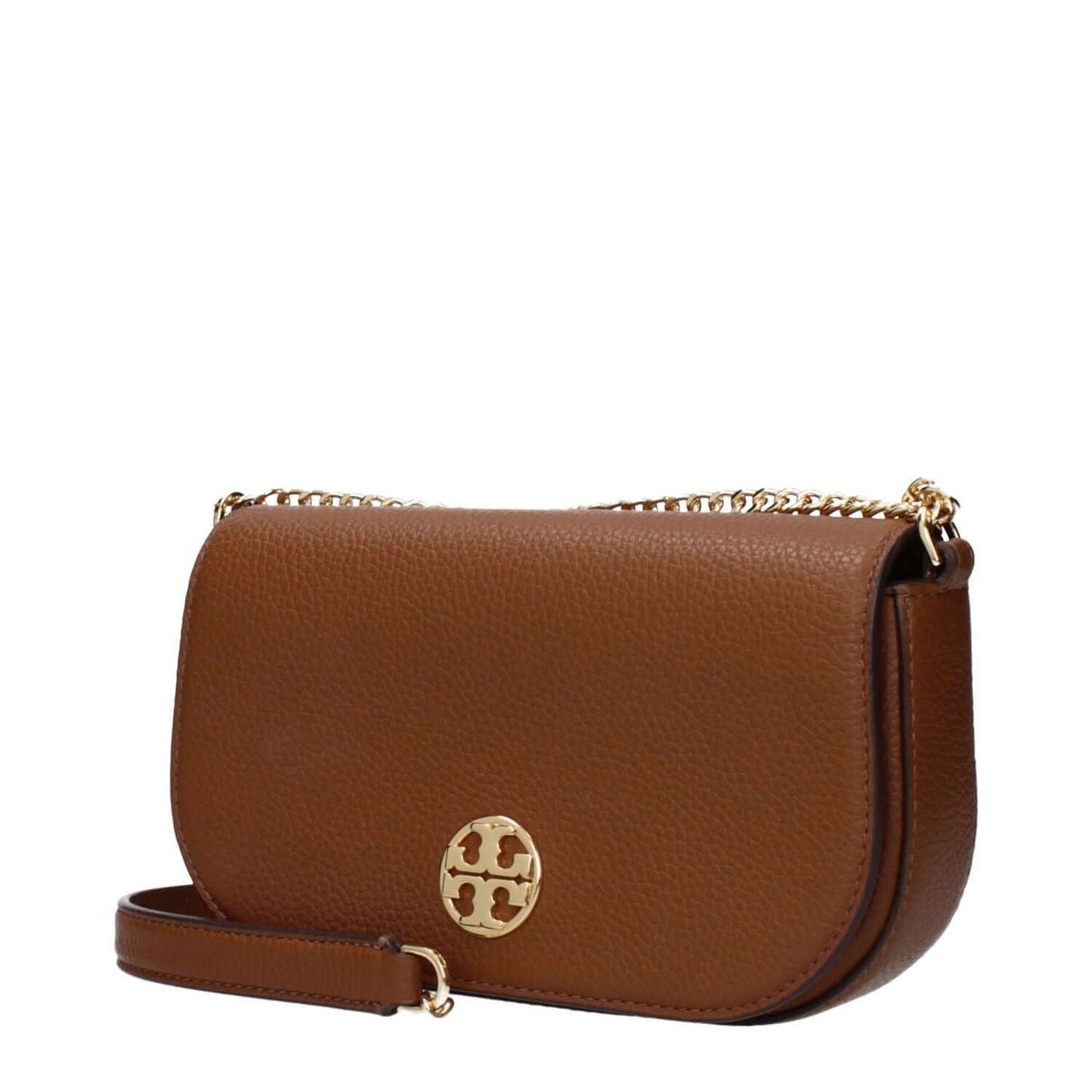 Alt Tag: Tory Burch Brown Leather Crossbody Bag with front logo and chain strap.
