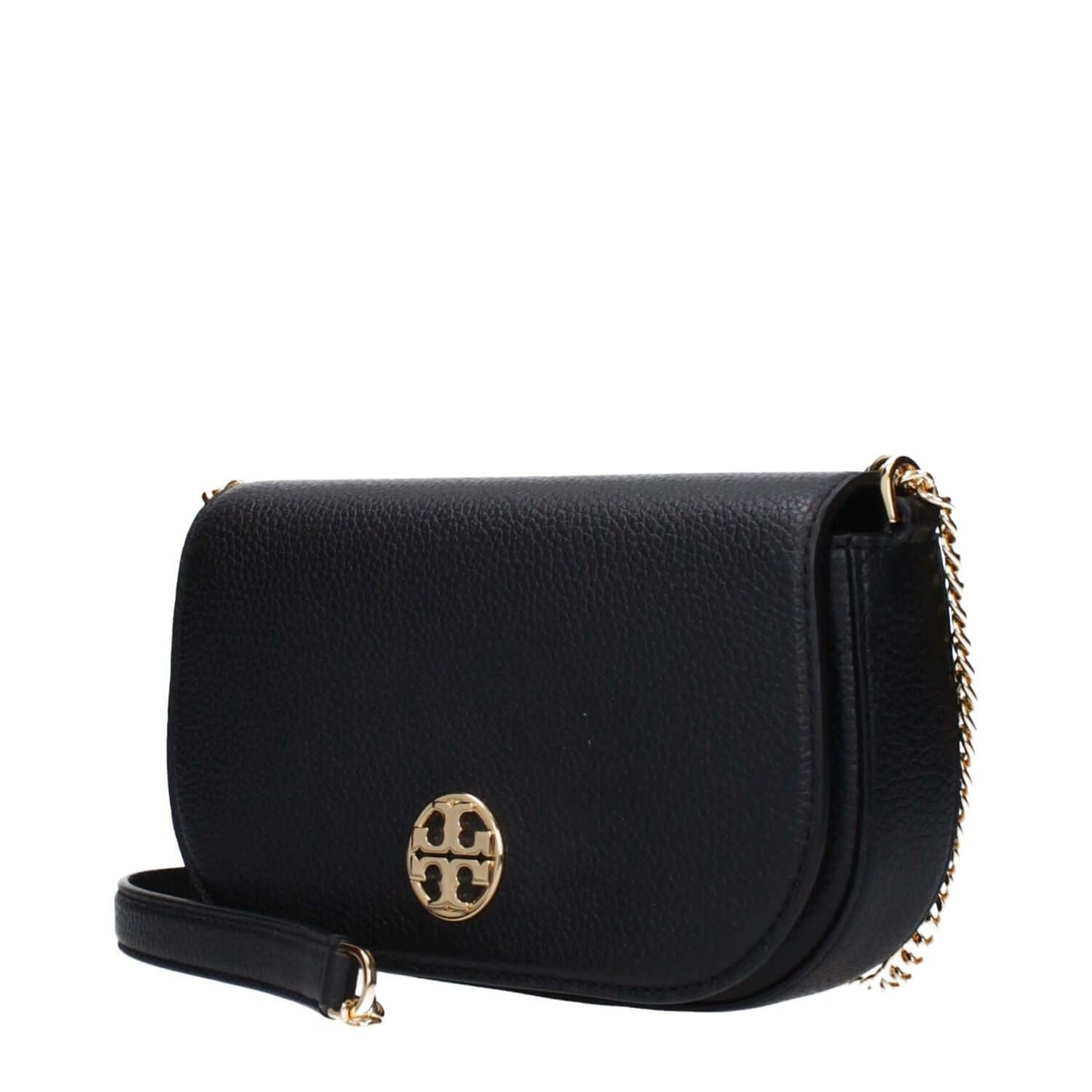 Tory Burch Black Leather Crossbody Bag with gold logo, magnetic closure, small size, and adjustable shoulder strap.