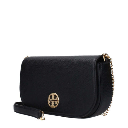 Tory Burch Black Leather Crossbody Bag with gold logo, magnetic closure, small size, and adjustable shoulder strap.