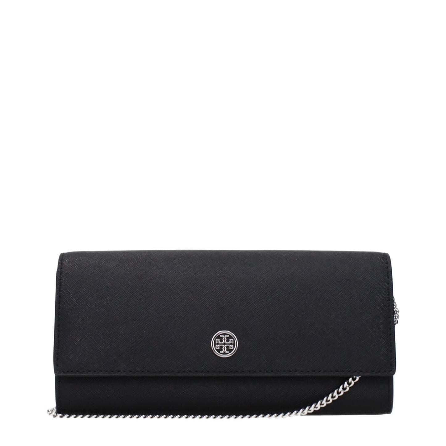 Tory Burch Black Leather Clutch Bag with logo and removable shoulder strap.