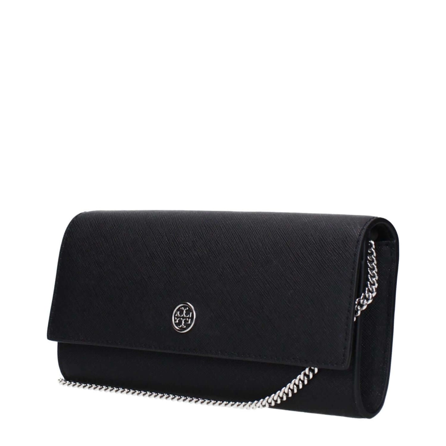 Tory Burch Black Leather Clutch Bag with front logo and removable shoulder chain, MPN 157098001, product code F83369.