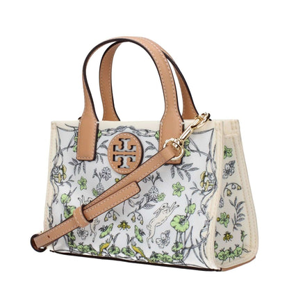 Tory Burch Beige Fabric Handbag with floral design, featuring front logo and adjustable removable shoulder strap.