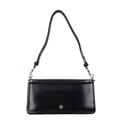 Tory Burch Black Leather Shoulder Bag with logo, adjustable and removable handles, divider inner pocket, patent finish.