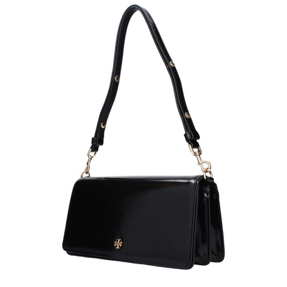 Tory Burch Black Leather Shoulder Bag with front logo and adjustable removable handle