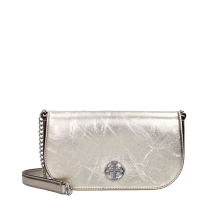 Tory Burch Gold Leather Crossbody Bag with front logo and vintage aged effect leather.