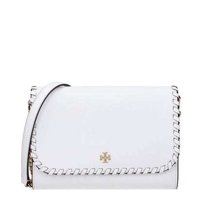 Tory Burch White Leather Clutch Bag with front logo and removable shoulder strap, featuring a vintage effect design.