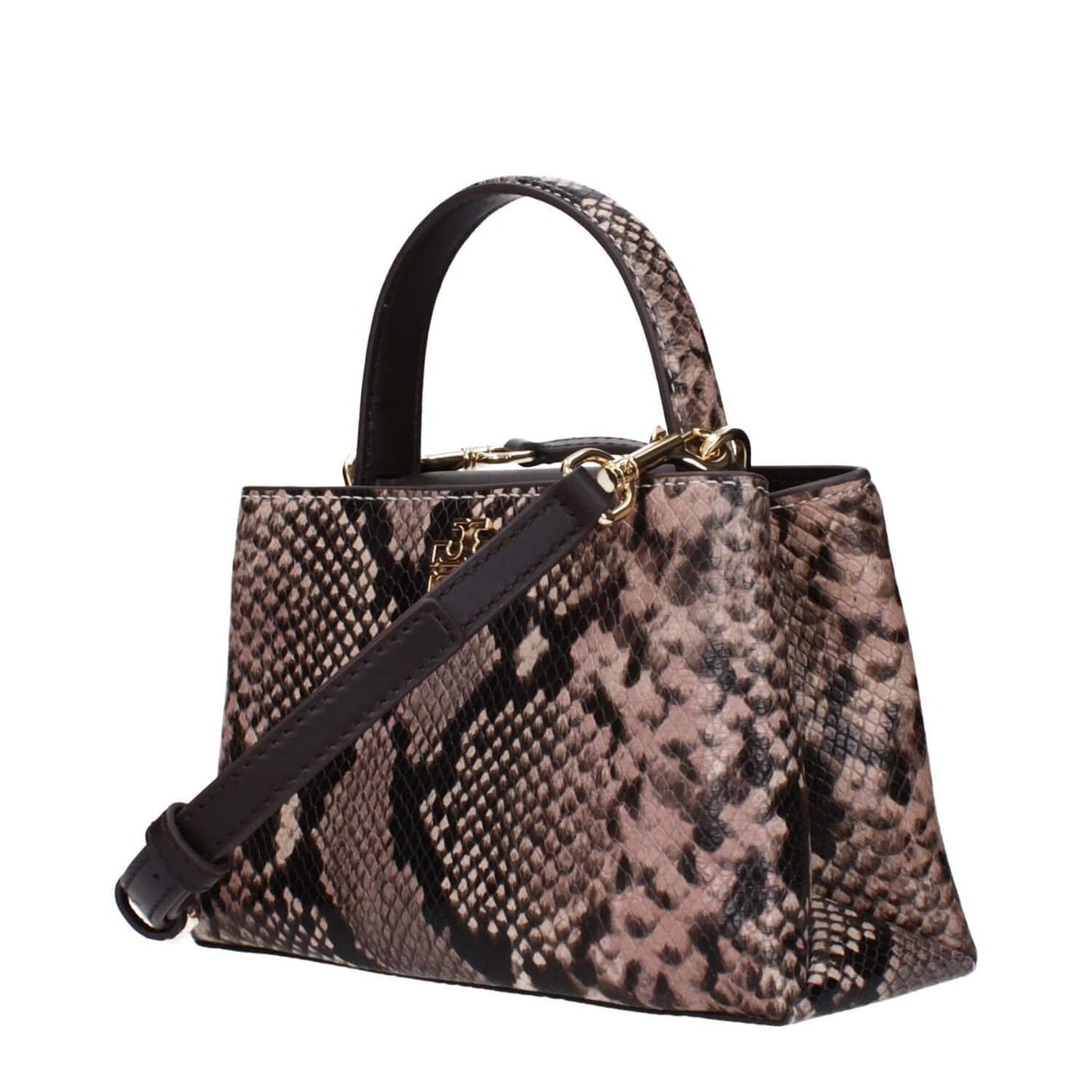Tory Burch Pink Leather Handbag with snake print, featuring front logo, adjustable and removable shoulder strap.